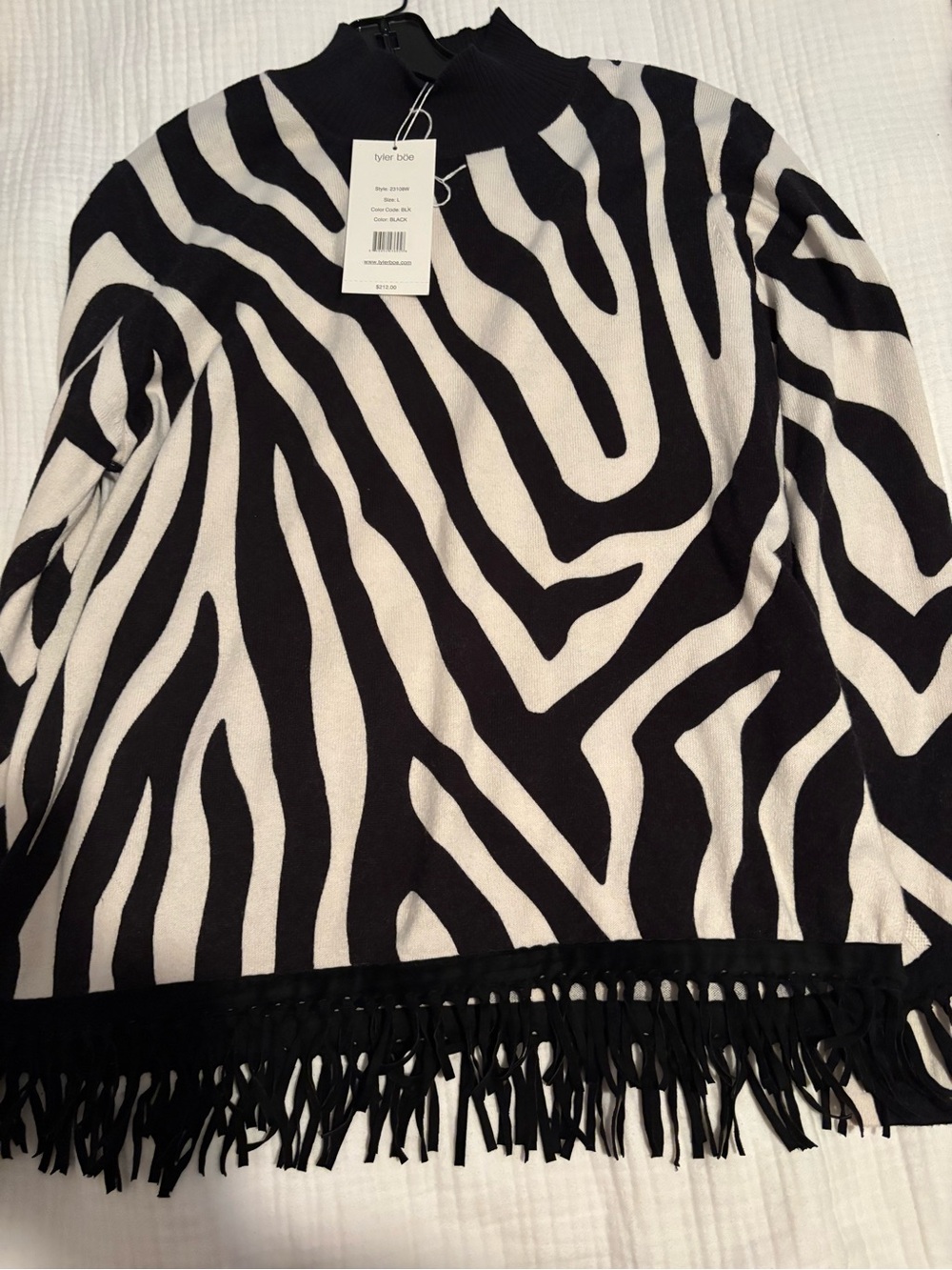 Tyler Boe Black and White Zebra Fringe Mock Neck Sweater